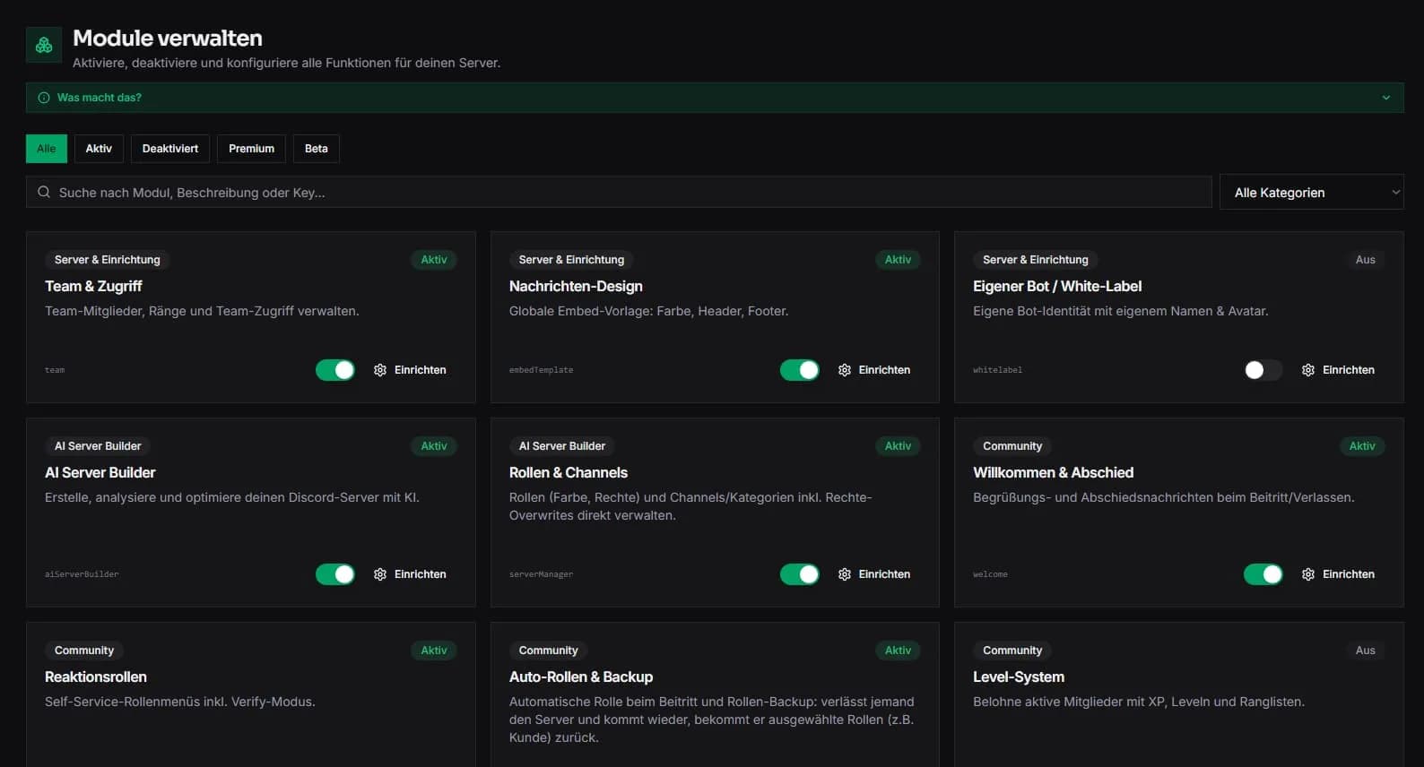 Modulübersicht im Dashboard von MindFocusX: Karten für Team und Zugriff, Nachrichten-Design, eigenen Bot, KI-Server-Builder, Rollen und Kanäle, Willkommensnachrichten, Reaktionsrollen, Auto-Rollen und Level-System, jede mit einem Schalter zum Ein- und Ausschalten.